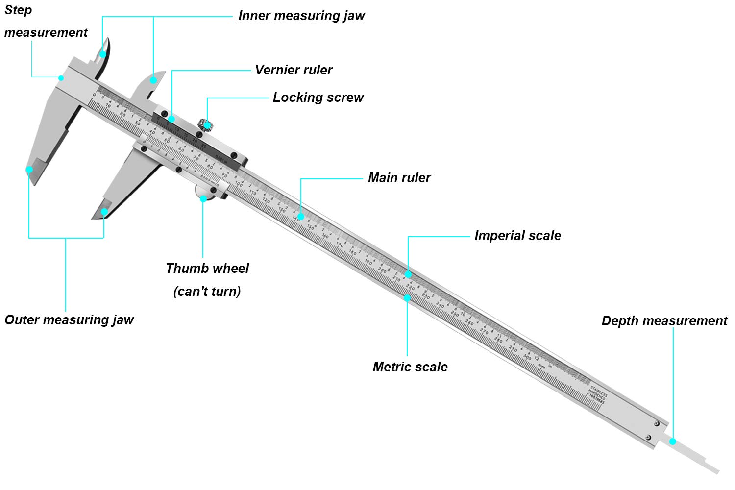 Stainless Steel Vernier Caliper, 0-12 Inch / 300mm, Inch/Metric, 0.001" / 0.02mm Accuracy - Image 4