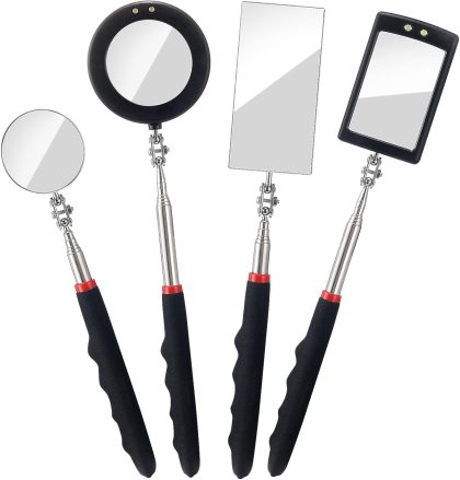 4-Pack Telescoping LED Inspection Mirrors (Rectangle & Round) for Vehicle, Mechanic, and Detail Check