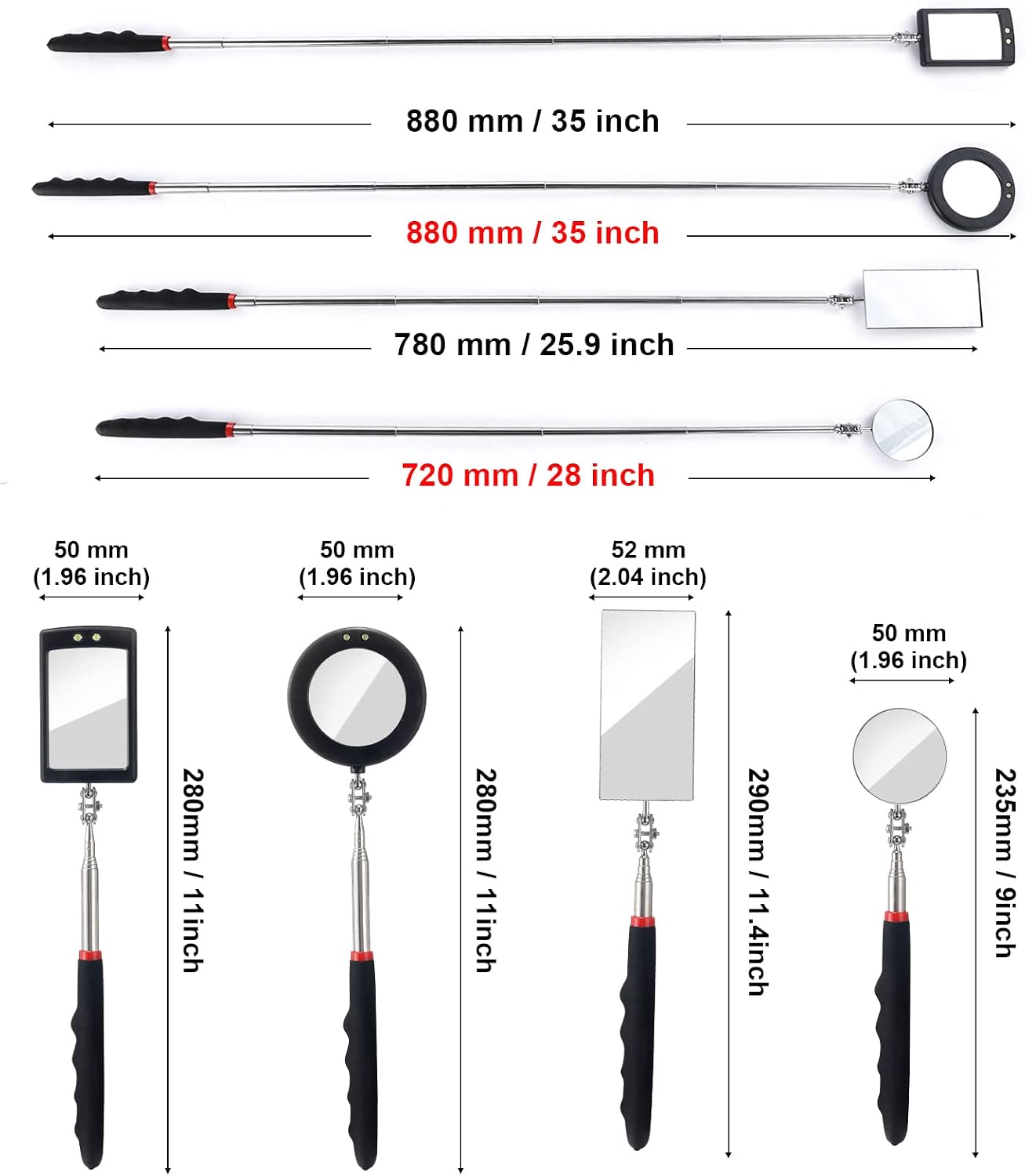 4-Pack Telescoping LED Inspection Mirrors (Rectangle & Round) for Vehicle, Mechanic, and Detail Check - Image 2
