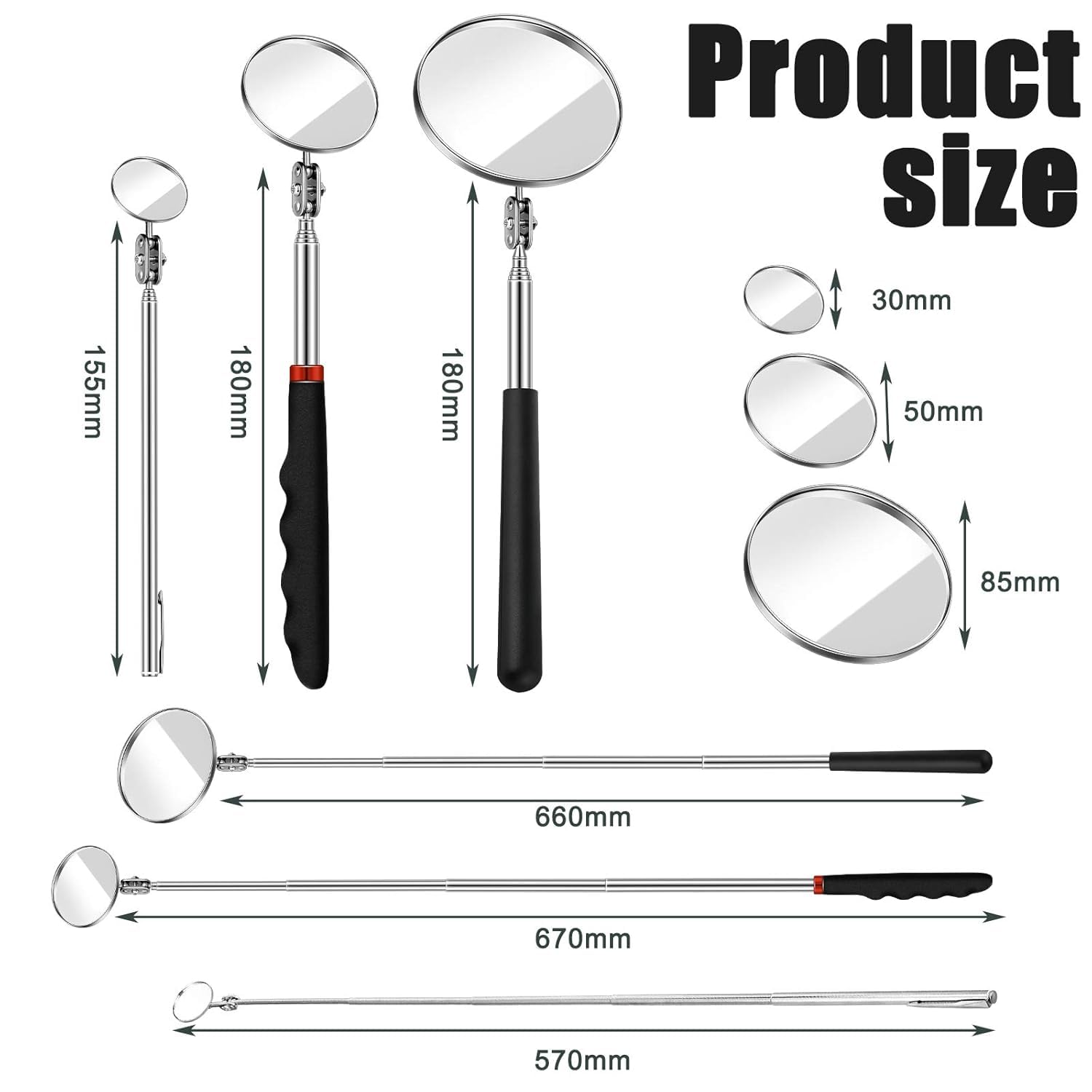 3-Piece Telescoping Inspection Mirror Set, Round, 3 Sizes - Image 2